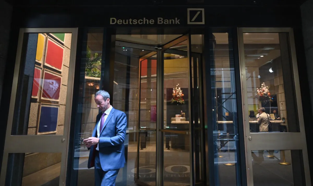 A man is seen leaving the U.S. headquarters of Deutsche Bank in New York City on July 8, 2019. (Angela Weiss/AFP/Getty Images)