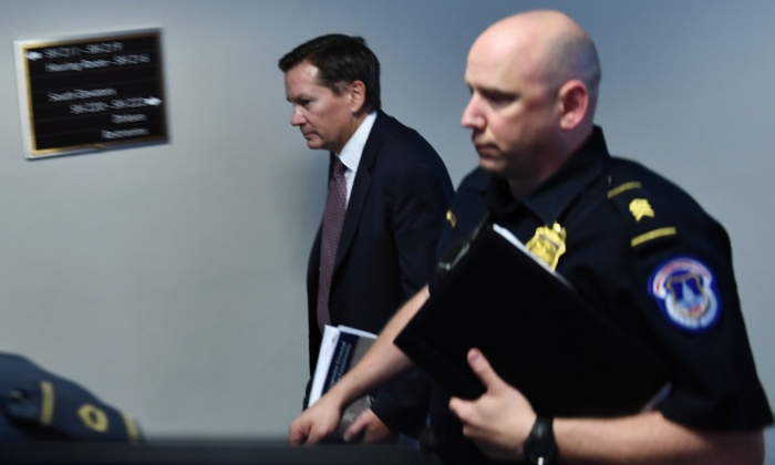 Inspector General of the Intelligence Community (L) Michael Atkinson arrives for a closed hearing with Acting Director of National Intelligence Joseph Maguire in Washington on Sept. 26, 2019. (Brendan Smialowski/Getty Images)