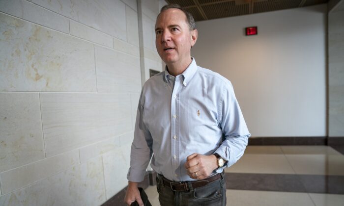 House Intelligence Committee Chairman Adam Schiff (D-Calif.) walks to a secure facility in the Capitol in Washington to prepare for depositions in the impeachment inquiry of President Donald Trump on Oct. 1, 2019. (AP Photo/J. Scott Applewhite)