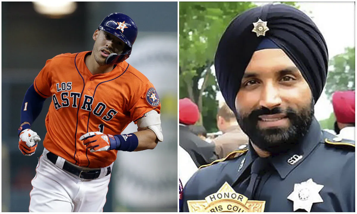 (L) Carlos Correa #1 of the Houston Astros at Minute Maid Park in Houston, Texas, on Sept. 20, 2019. (Bob Levey/Getty Images) (R) Deputy Sandeep Dhaliwal, whose funeral is scheduled to be held Oct. 2, 2019. (Harris County Sheriff's Office via AP)