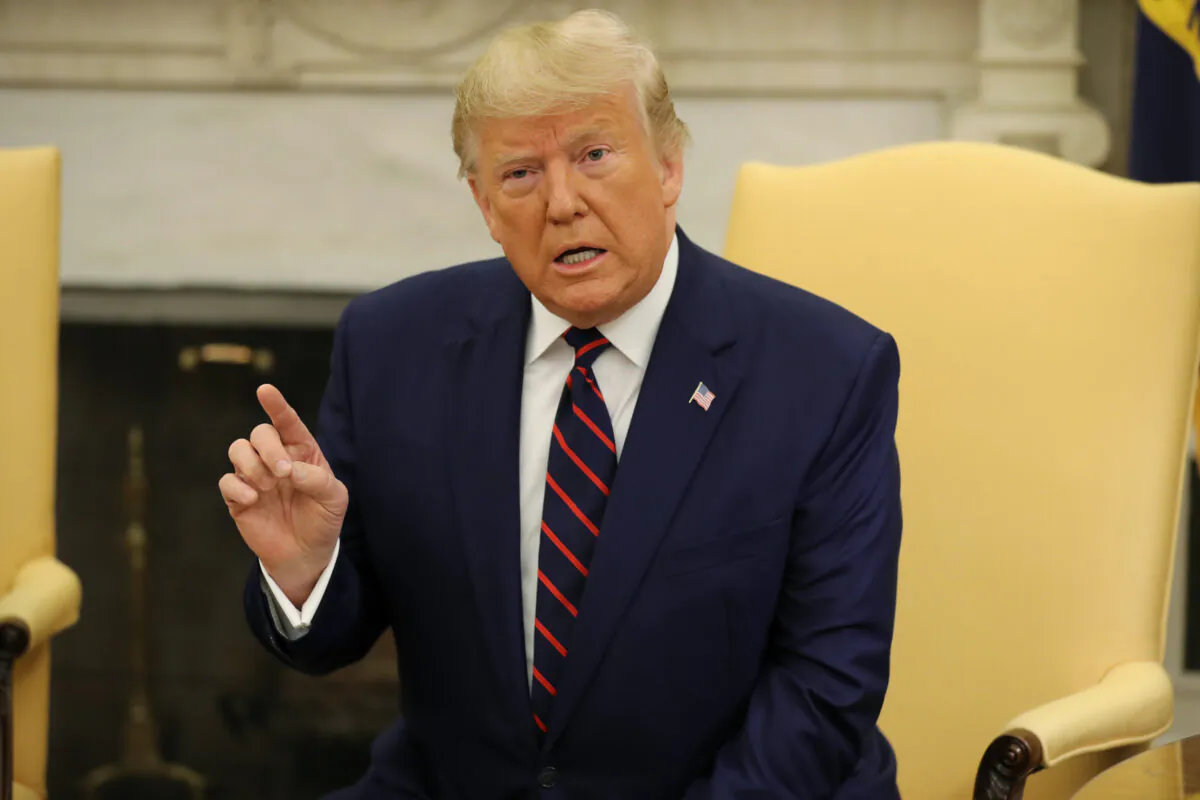 President Donald Trump speaks to the press during Finnish President Sauli Niinisto's visit to the White House October 02, 2019 in Washington, DC. The two leaders will reportedly discuss 5G wireless technology and European and Arctic security during bilateral meetings and later hold a joint news conference in the East Room. (Chip Somodevilla/Getty Images)
