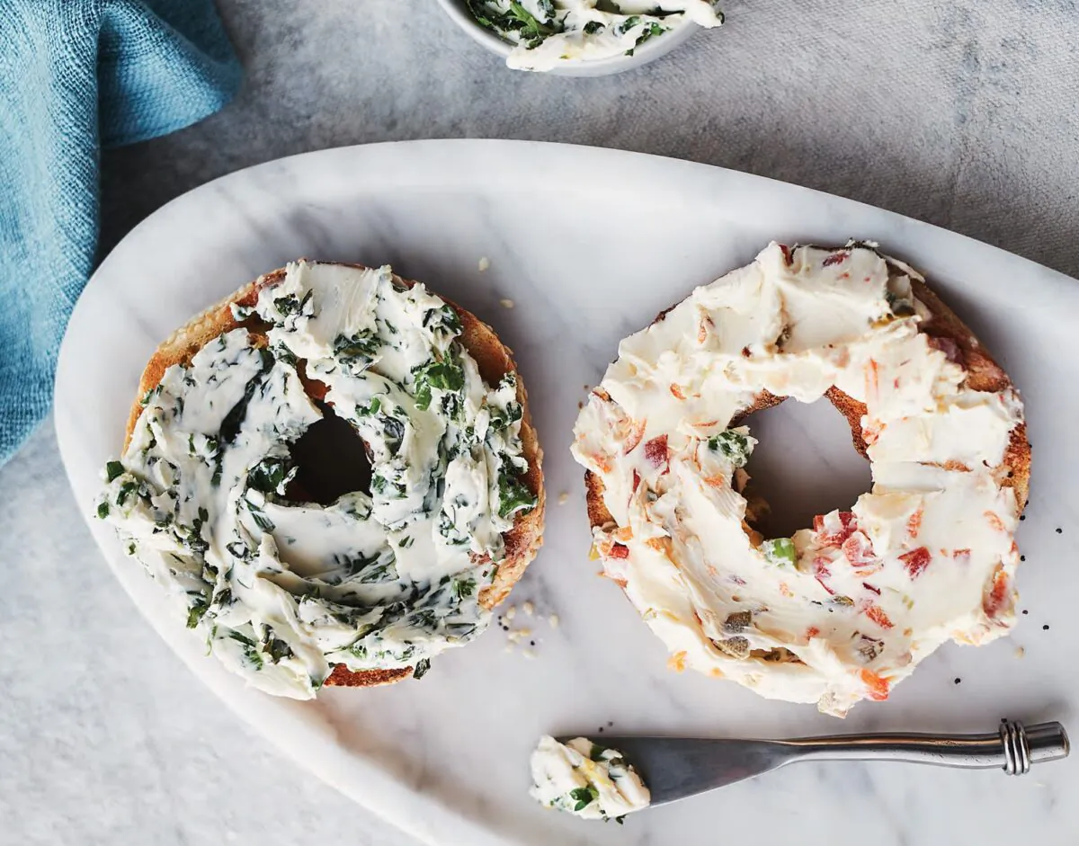 Mixed herb cream cheese and veggie cream cheese. (Ryan Szulc)