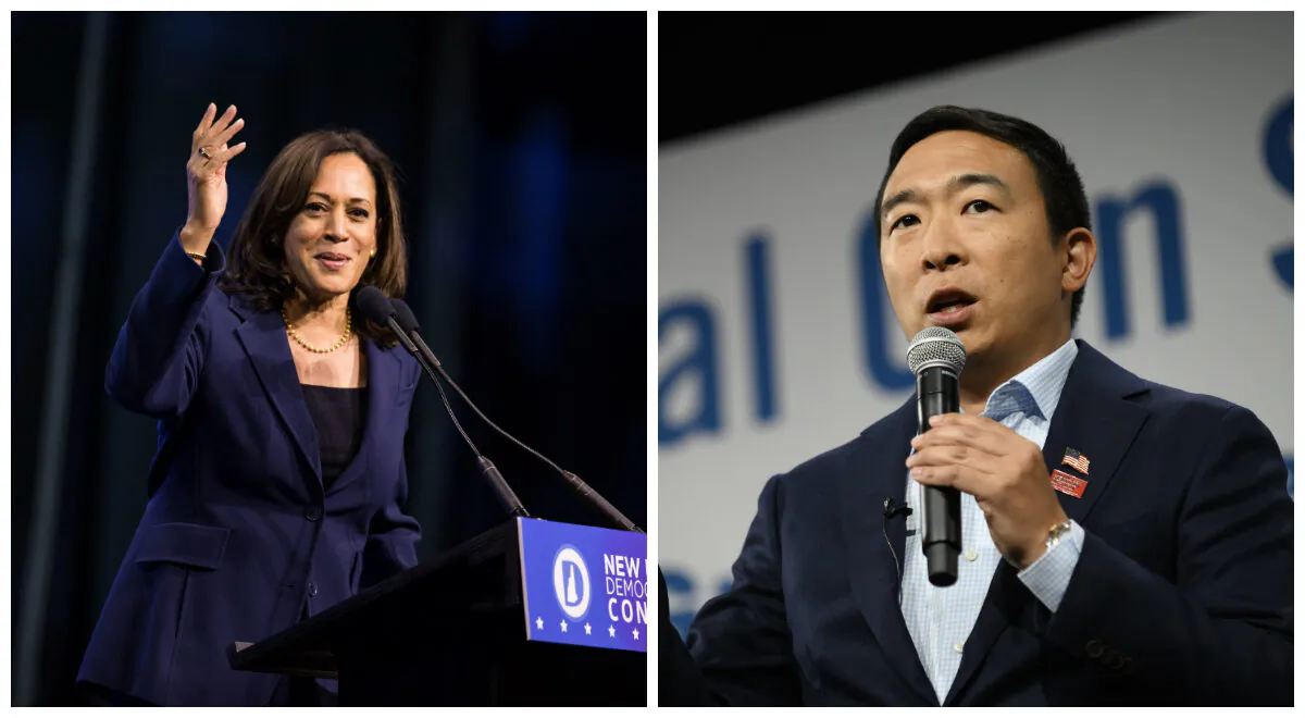 (L)-Democratic presidential candidate, Sen. Kamala Harris (D-Calif.) speaks during the New Hampshire Democratic Party Convention at the SNHU Arena on Sept. 7, 2019 in Manchester, New Hampshire. (Photo by Scott Eisen/Getty Images) (R)-Democratic presidential candidate Andrew Yang speaks during a forum on gun safety at the Iowa Events Center in Des Moines, Iowa on Aug. 10, 2019. (Photo by Stephen Maturen/Getty Images)