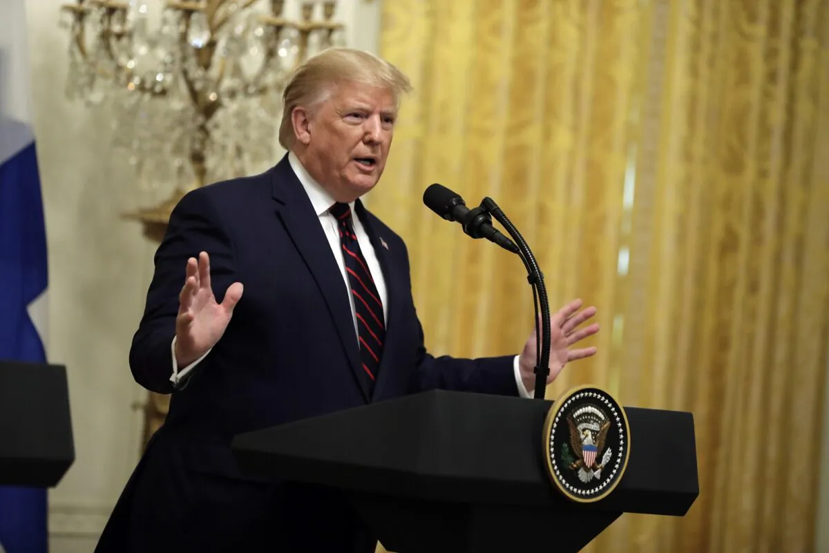 President Donald Trump speaks during news conference with Finnish President Sauli Niinisto in the East Room of the White House in Washington on Oct. 2, 2019. (AP Photo/Evan Vucci)