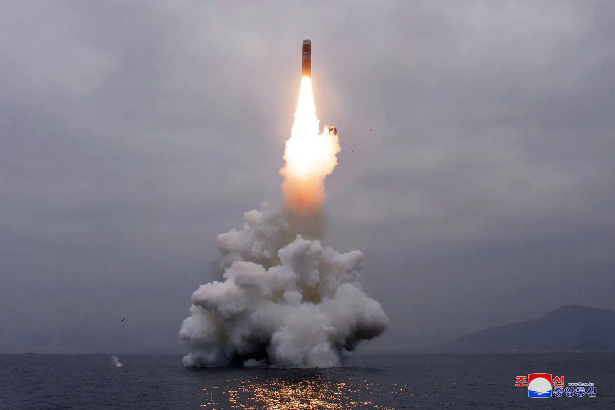 What appears to be a submarine-launched ballistic missile (SLBM) flies in an undisclosed location in this undated picture released by North Korea's Central News Agency (KCNA) on Oct. 2, 2019. (KCNA via Reuters)
