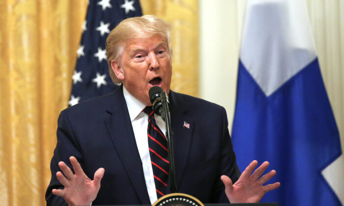 U.S. President Donald Trump addresses a joint news conference with Finland's President Sauli Niinistö in the East Room of the White House in Washington on Oct. 2, 2019. (Leah Millis/Reuters)