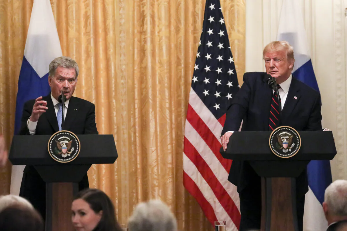 Finland President Sauli Niinistö and President Donald Trump at a joint press conference in the East Room of the White House in Washington on Oct. 2, 2019. (Charlotte Cuthbertson/The Epoch Times)
