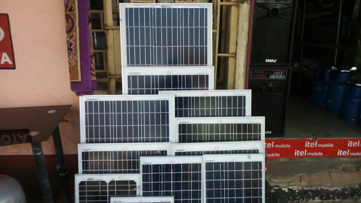 Solar panels for household use on sale in downtown Mutare, Zimbabwe, in a file photo. (Andrew Mambondiyani for The Epoch Times)