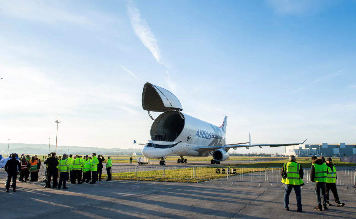 Airbus A330-743L Beluga XL super-transporter aircraft arrives for the first time at the company's wing assembly plant at Broughton, near Chester, Britain, Feb. 14, 2019. (Peter Powell/Reuters)