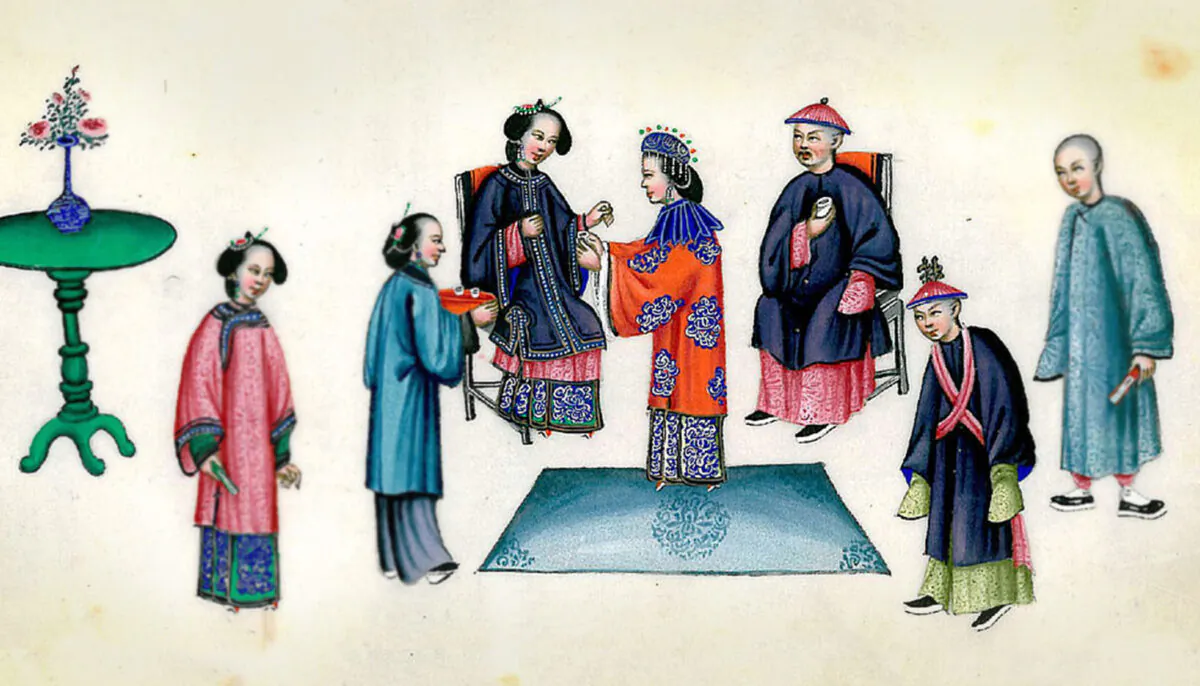 A Qing Dynasty wedding that depicts the bride presenting tea to her mother in law. (Wikimedia Commons)