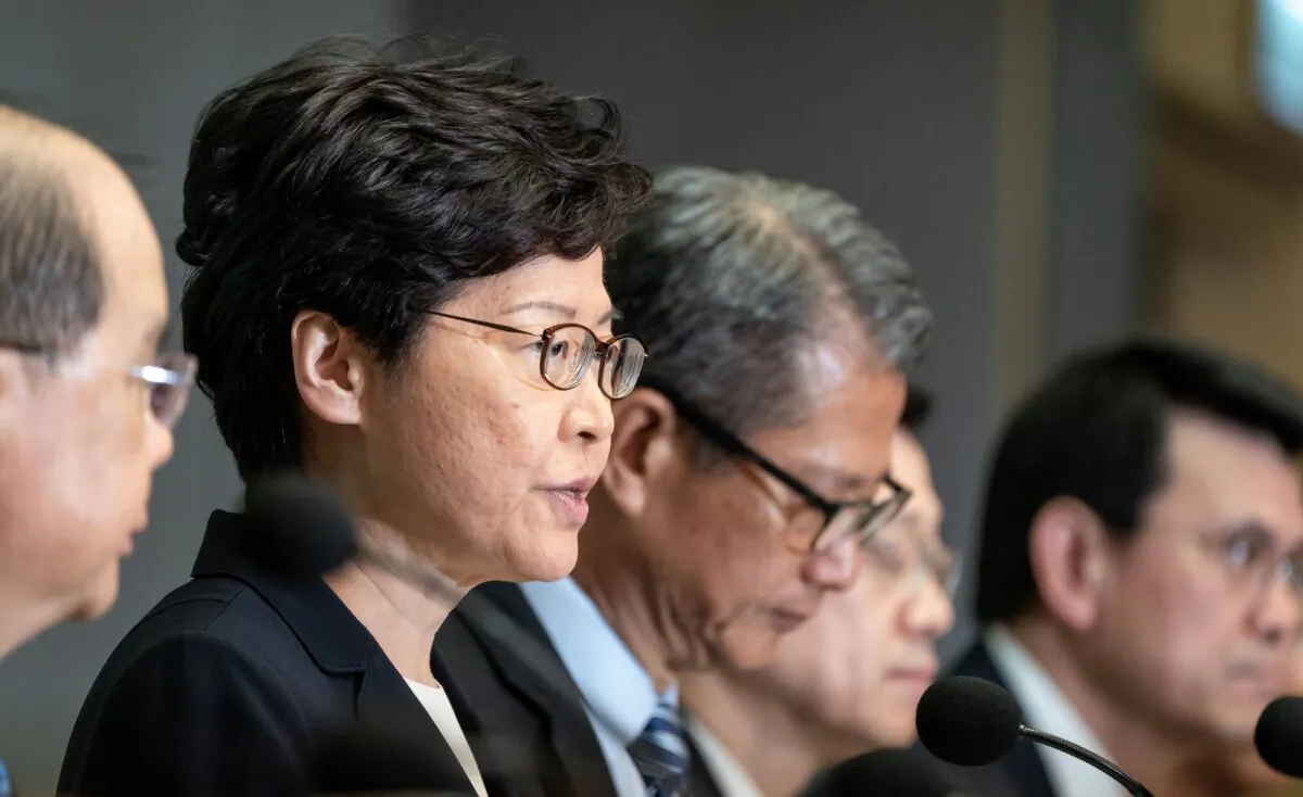 Hong Kong Chief Executive Carrie Lam speaks during a press conference at the Central Government Complex in Hong Kong  on Oct. 4, 2019. (Anthony Kwan/Getty Images)