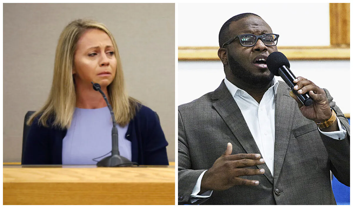 (L)-Former Dallas police officer Amber Guyger becomes emotional as she testifies in her murder trial, in Dallas on Sept. 27, 2019. (Tom Fox/The Dallas Morning News via AP, Pool) (R)-Botham Jean leading worship at a Harding University presidential reception in Dallas on Sept. 21, 2017. (Jeff Montgomery/Harding University via AP) 