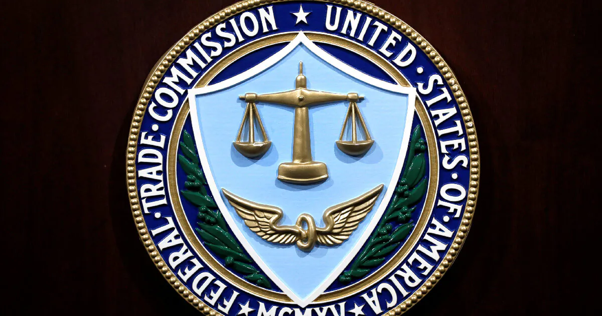 Federal Trade Commission seal at a news conference at FTC headquarters in Washington on July 24, 2019. (Yuri Gripas/Reuters)