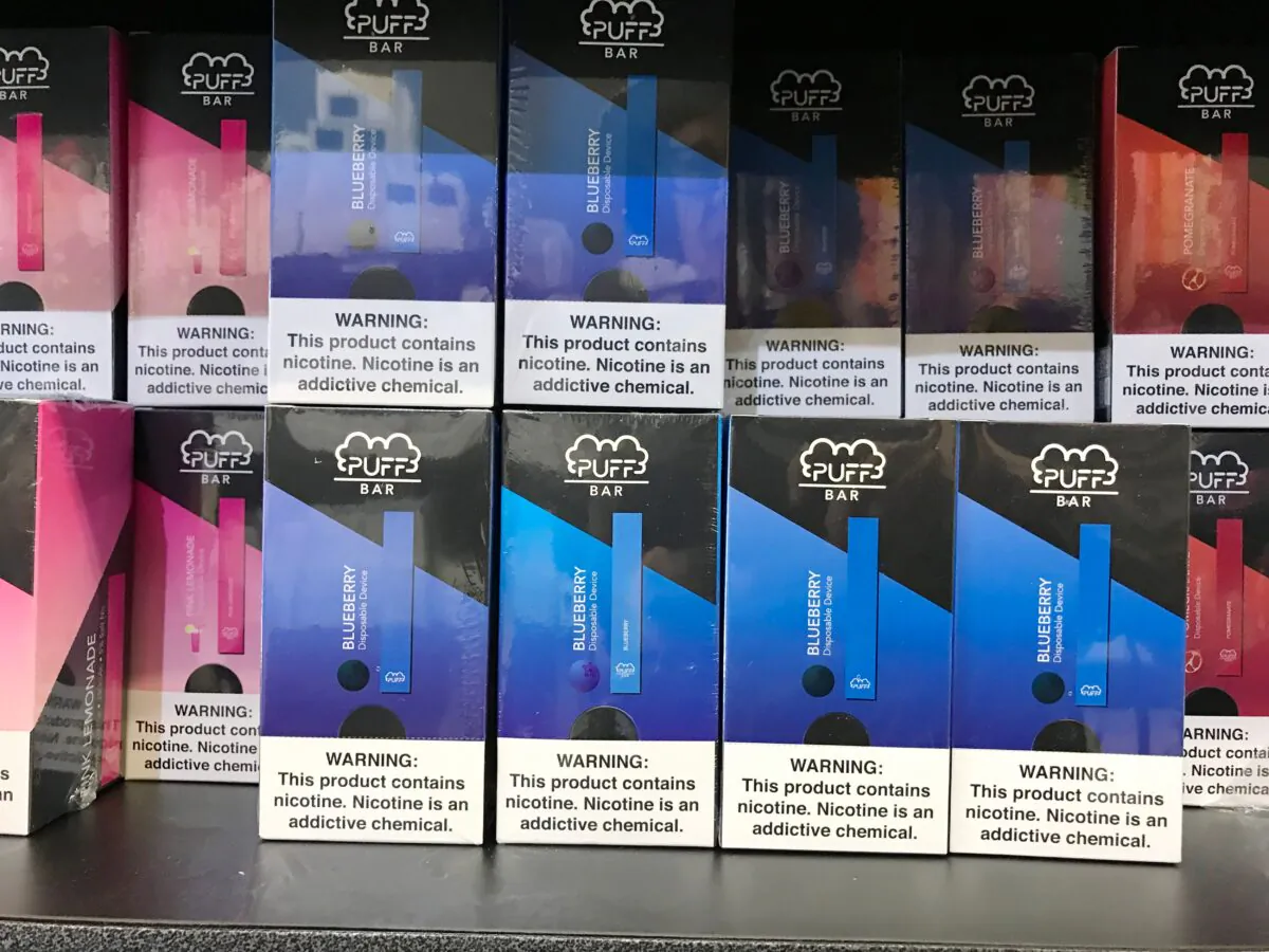 Flavored vaping products containing nicotine are seen in a store in Los Angeles, California, Sept. 17, 2019. (ROBYN BECK/AFP/Getty Images)