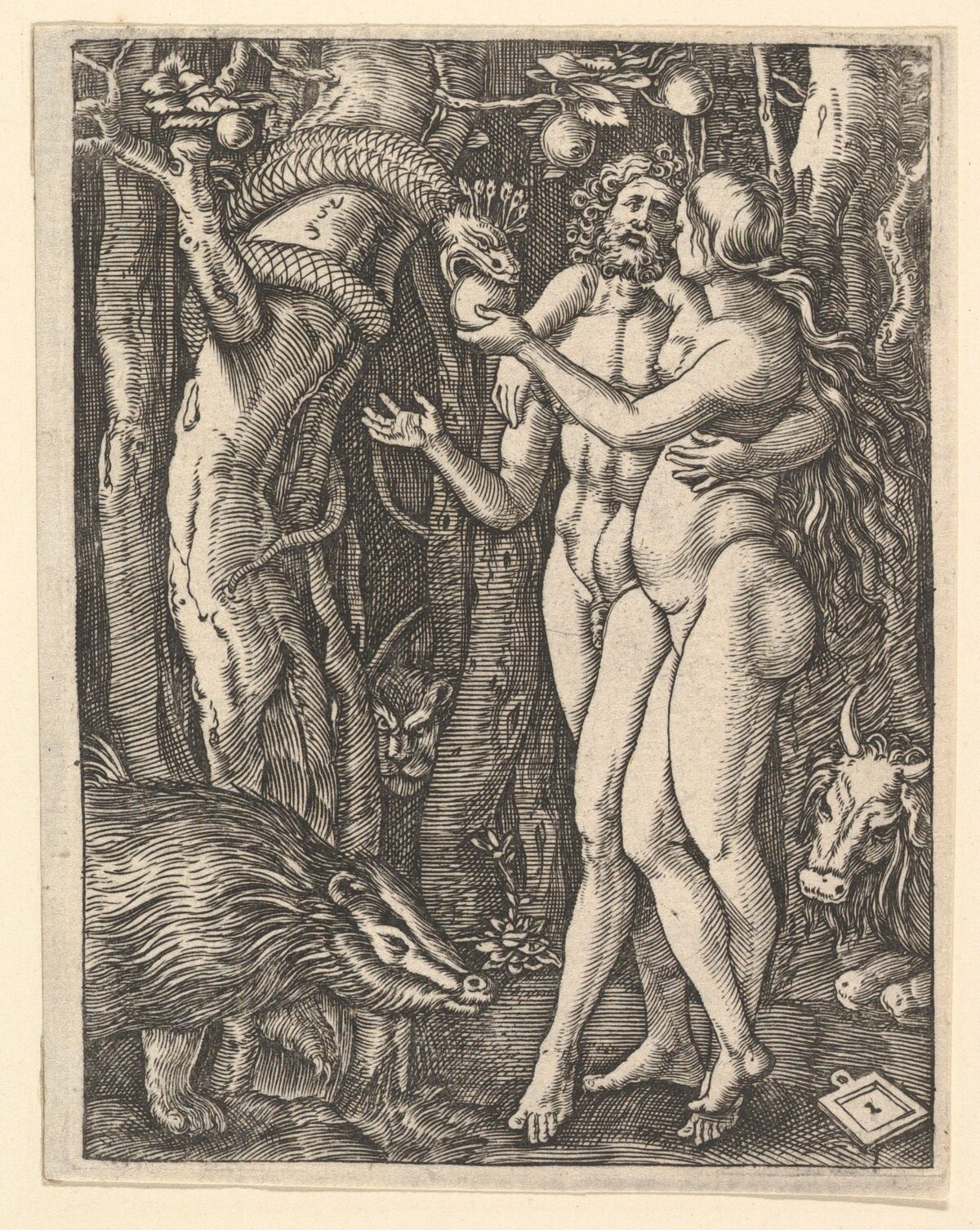 Adam and Eve with apple and serpent