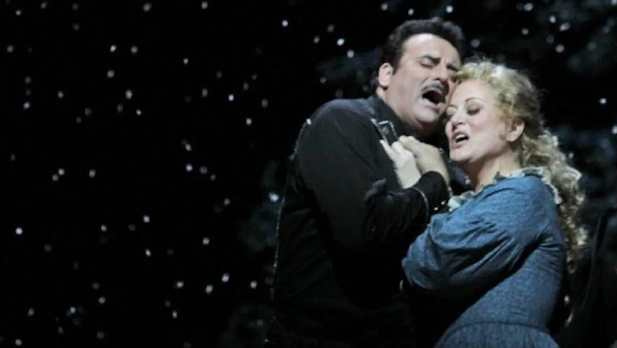 Marcello Giordani (L) performs as Ramerrez alongside Deborah Voigt performing as Minnie during the final dress rehearsal of Giacomo Puccini's "La Fanciulla del West," at the Metropolitan Opera in New York City on Dec. 3, 2010. (Mary Altaffer/AP Photo)
