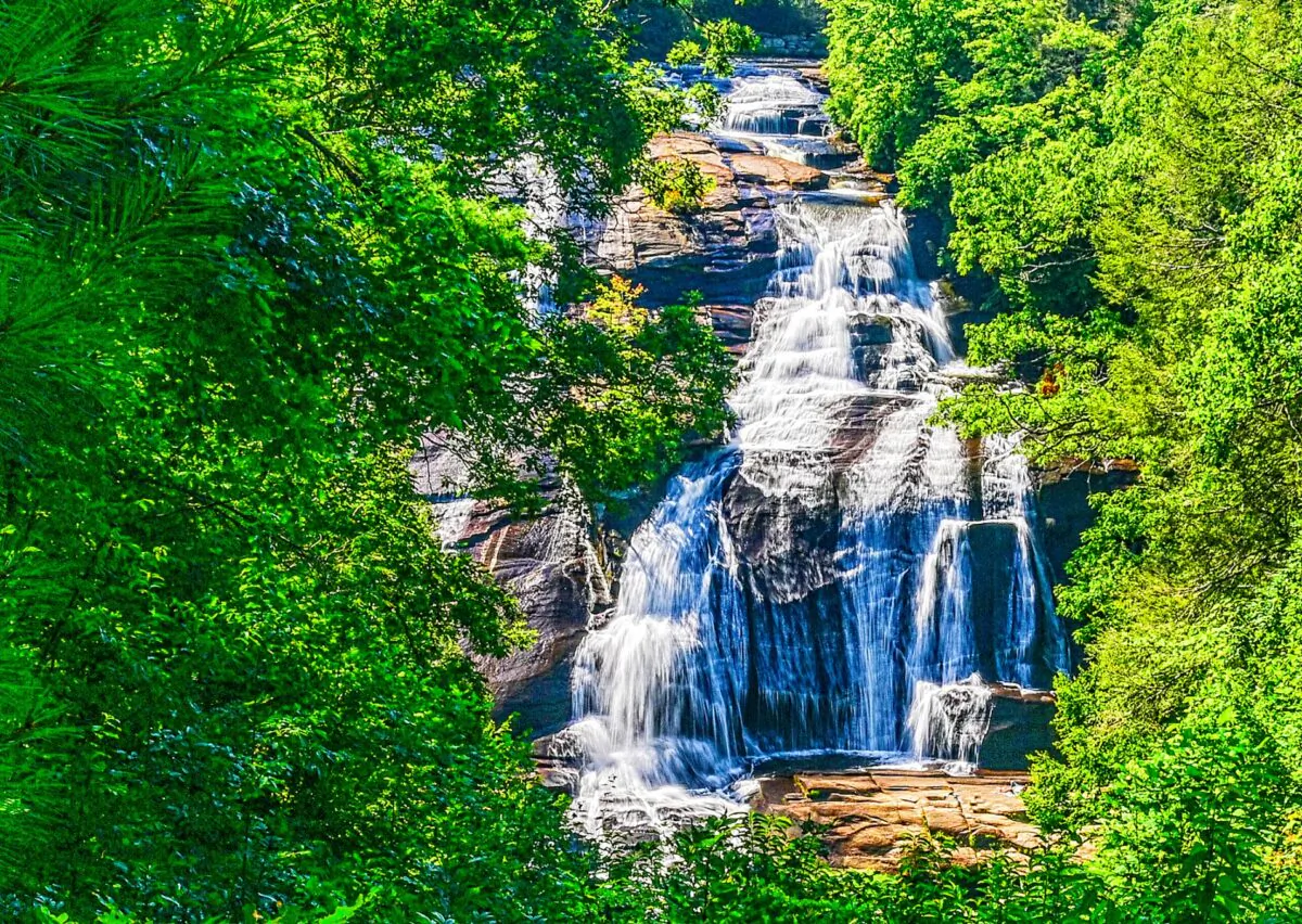 High Falls, located in DuPont State Forest, slides down slanted granite some 120 feet. (Fred J. Eckert)