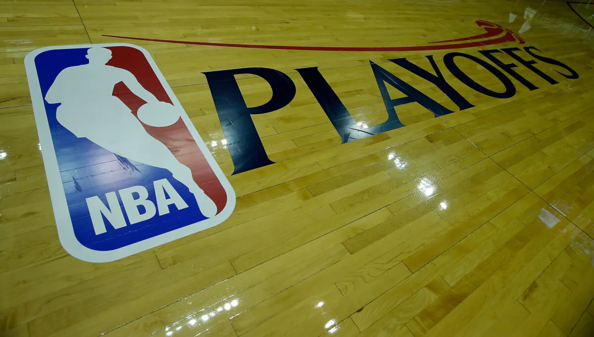 An NBA playoff logo is seen on the court before a game between the Oklahoma City Thunder and Houston Rockets in Houston on April 27, 2013. (Scott Halleran/Getty Images)