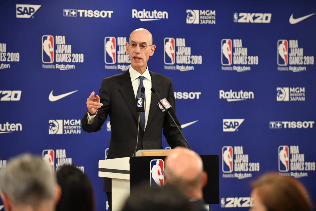 NBA Commissioer Adam Silver speaks during a press conference prior to the NBA Japan Games 2019 between the Toronto Raptors and Houston Rockets in Saitama on October 8, 2019. - The NBA will not regulate the speech of players, employees and owners, the organisation's commissioner said Tuesday after a tweet from a Houston Rockets executive sparked a backlash in China. KAZUHIRO NOGI/AFP via Getty Images