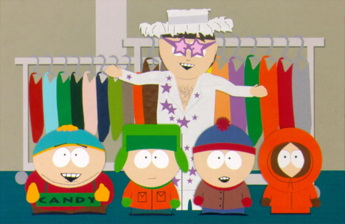 Characters from the cartoon TV show "South Park", including Elton John (rear) with (from R to L) Kenny, Stan, Kyle and Cartman are featured in a 1998 episode. (Getty Images)