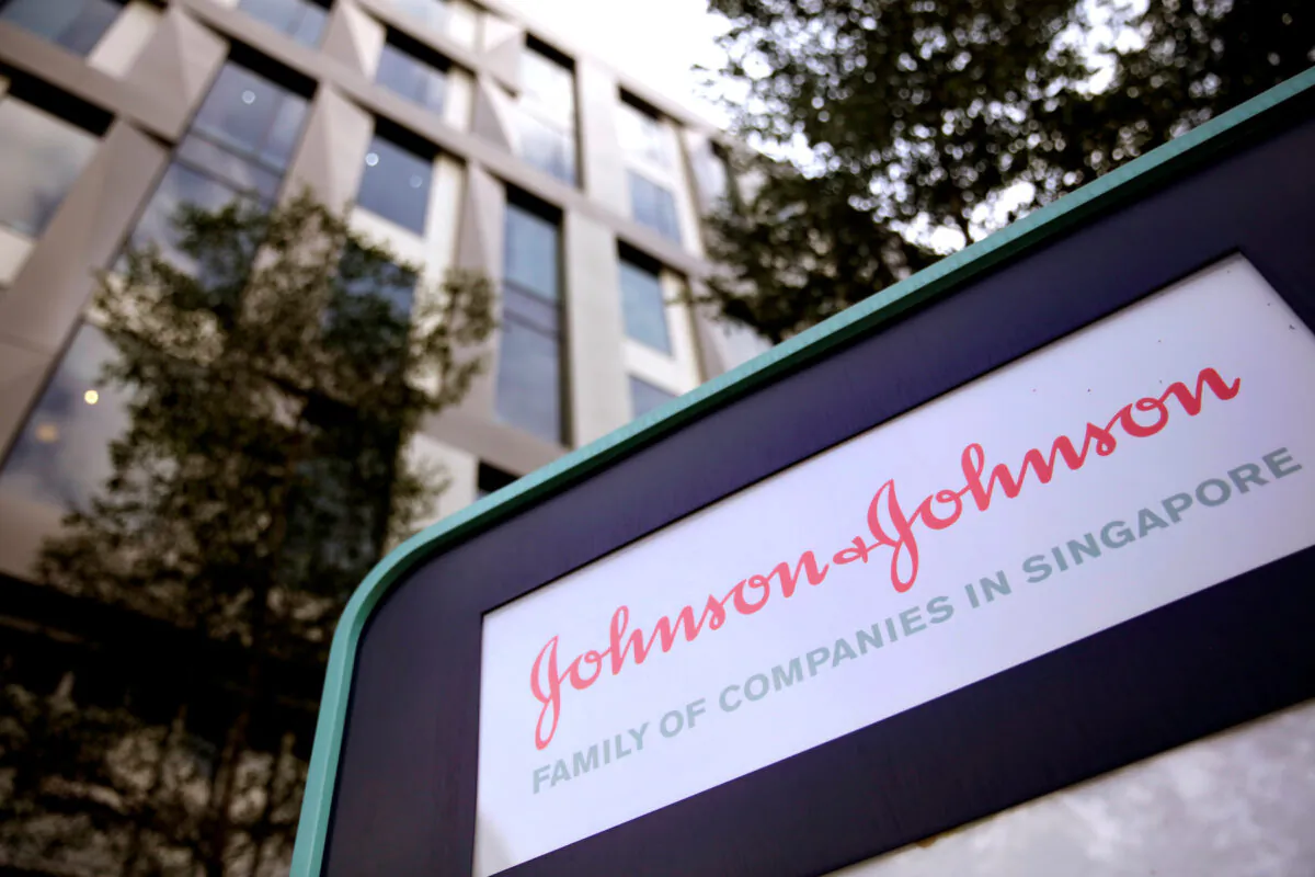 The Johnson and Johnson logo is seen at an office building in Singapore, on Jan. 17, 2018. (Reuters/Thomas White)