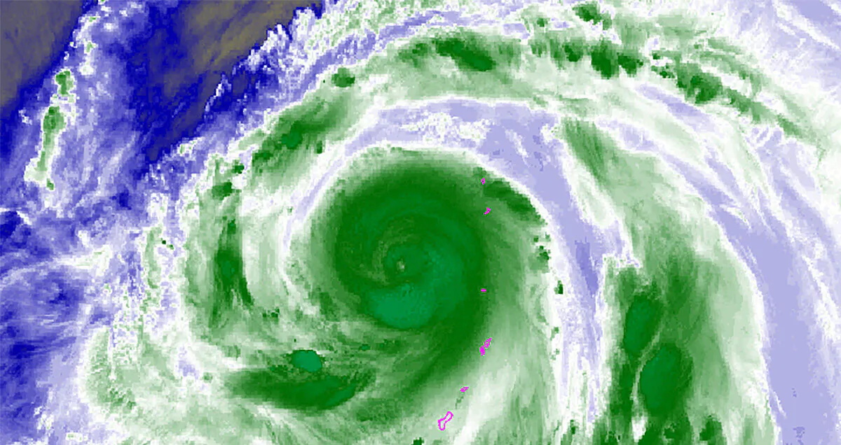 A water vapor satellite image of Super Typhoon Hagibis near Anatahan, Northern Mariana Islands, on Oct. 7, 2019. (Courtesy of the U.S. National Oceanic and Atmospheric Administration)
