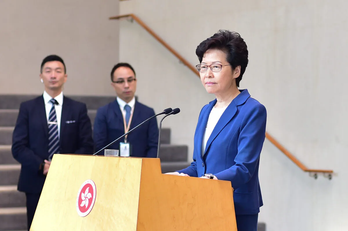 Hong Kong leader Carrie Lam speaks during her weekly press conference in Hong Kong on Oct. 8, 2019. (Bill Cox/The Epoch Times)