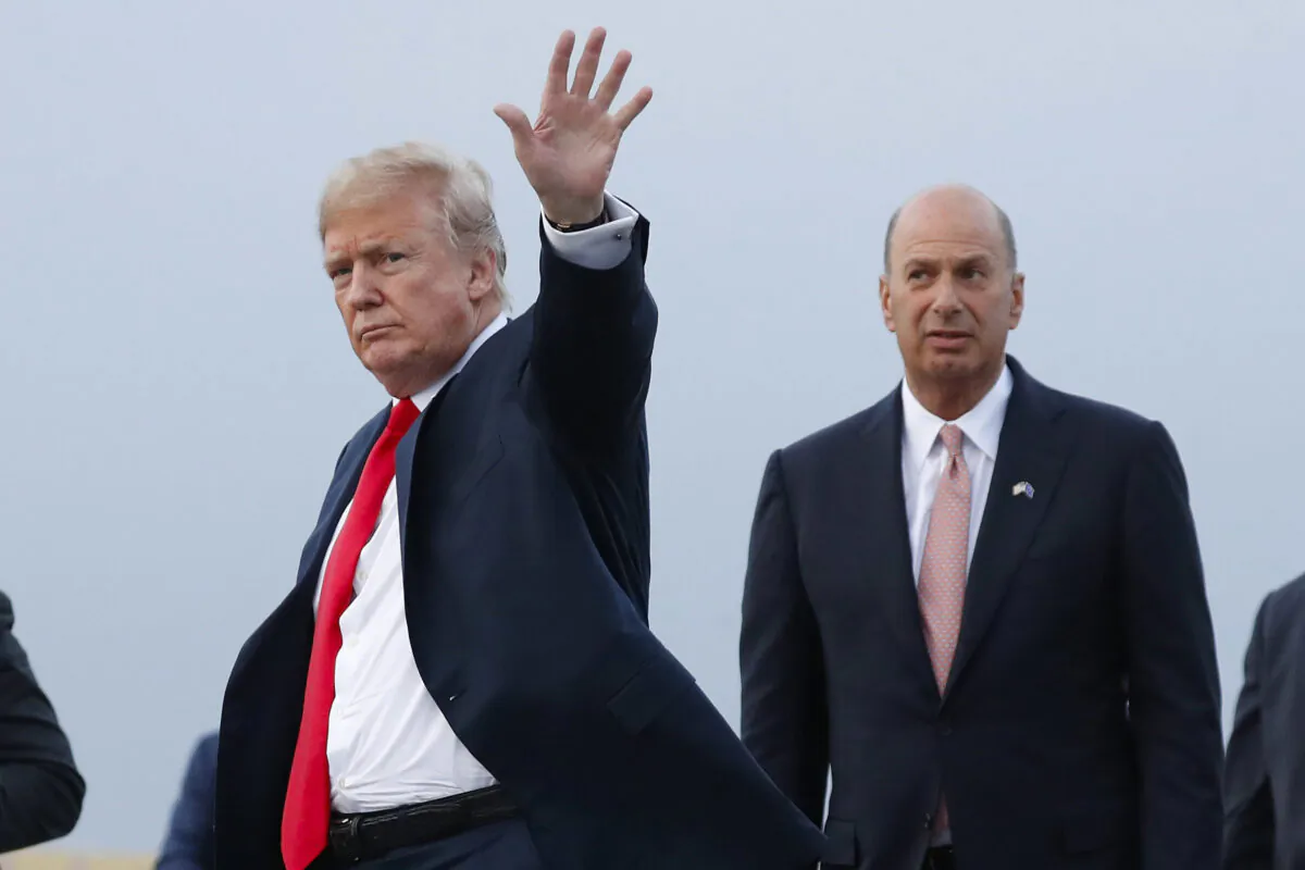President Donald Trump is joined by Gordon Sondland, the U.S. ambassador to the European Union, as he arrives at Melsbroek Air Base, in Brussels, Belgium on July 10, 2018. (Pablo Martinez Monsivais, File/AP Photo)