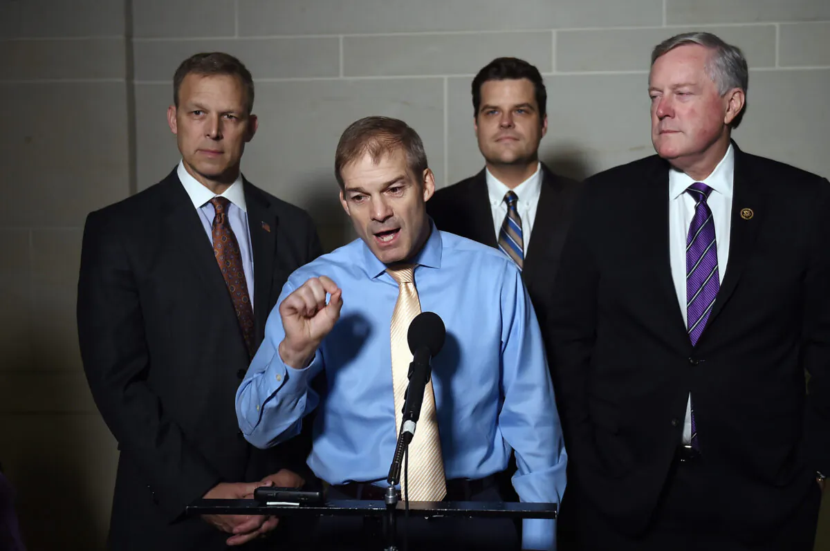 (L-R) Reps. Scott Perry (R-Pa.), Jim Jordan (R-Ohio), Matt Gaetz, (R-Fla.), and Mark Meadows, (R-N.C.), speak to reporters after a closed door meeting with Ambassador Gordon Sondland was cancelled on Capitol Hill in Washington on Oct. 8, 2019. (Olivier Douliery/AFP via Getty Images)