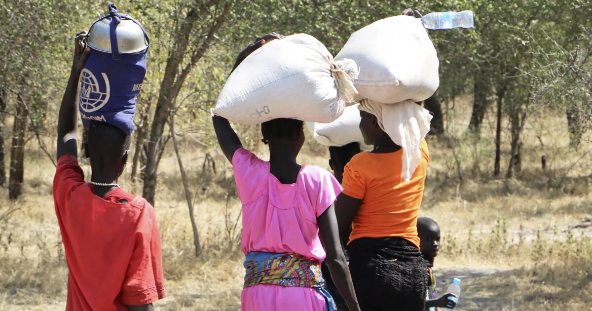In this Friday, Dec. 7, 2018 file photo, women and girls walk back after getting food in Bentiu, a 38 kilometers (24 miles) journey using a path through the bush, for fear of being attacked on the main road, near Nhialdu in South Sudan on Oct. 7, 2019. (AP Photo/Sam Mednick, File)