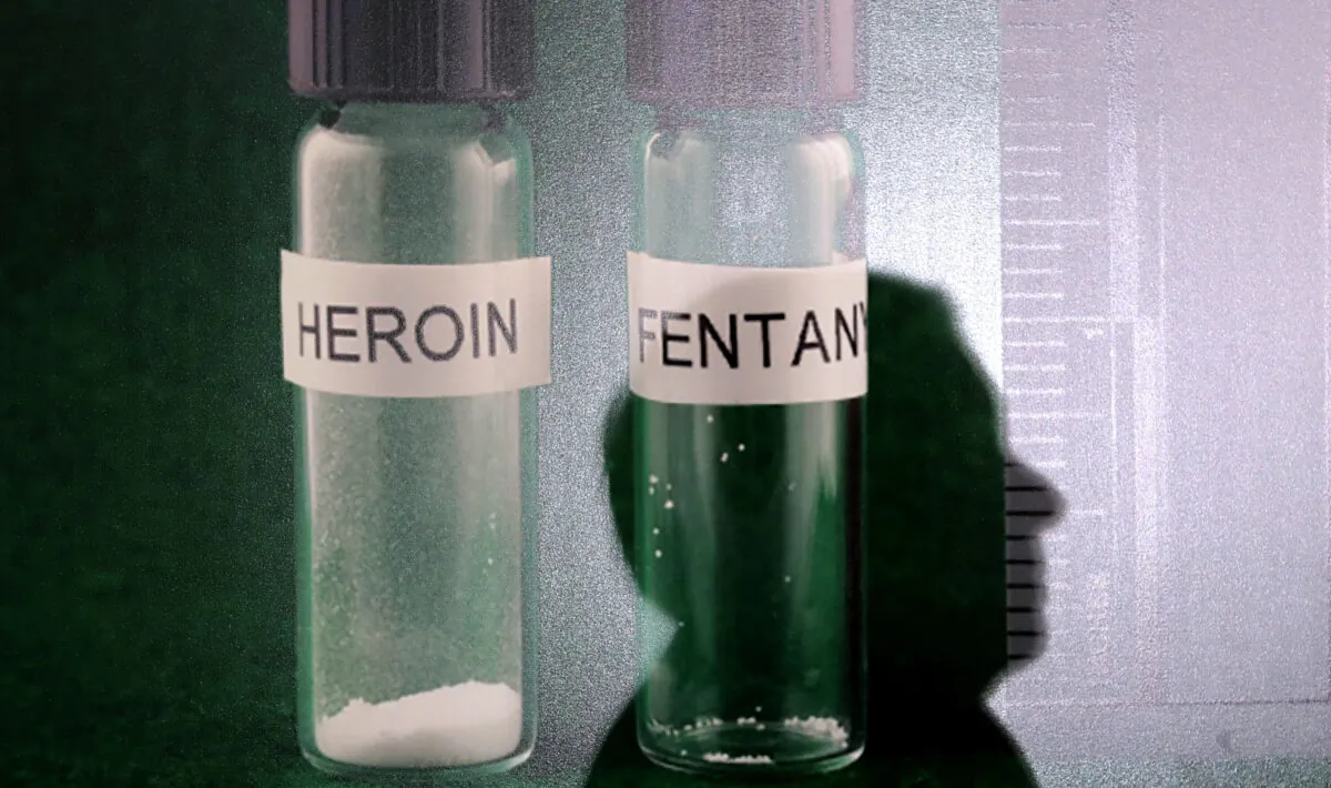 A photograph comparing the relative potency of heroin and fentanyl during a news conference at the U.S. Capitol on March 22, 2018 in Washington. (Chip Somodevilla/Getty Images)