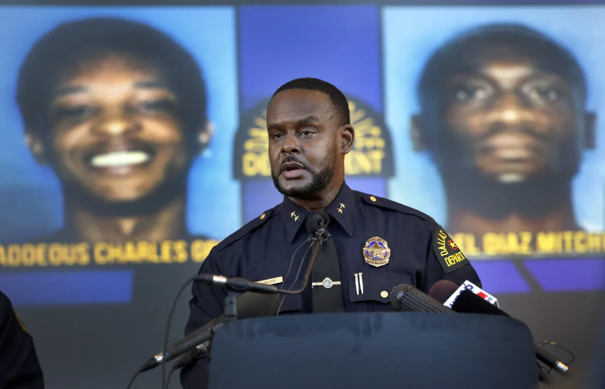 Dallas Assistant Chief of Police Avery Moore addresses the media about a drug deal gone bad resulting in the death of Joshua Brown. The police are still looking for suspects Thaddeous Charles Green and Michael Diaz Mitchell. Yhey already have Mitchell's nephew, Jacquerious Mitchell, in custody.  Brown, who was a neighbor of Botham Jean at the South Side Flats, was also a character witness in the Amber Guyger trial. The press conference was held at Dallas Police Headquarters in Dallas, Tuesday, October 8, 2019. (Tom Fox/The Dallas Morning News)