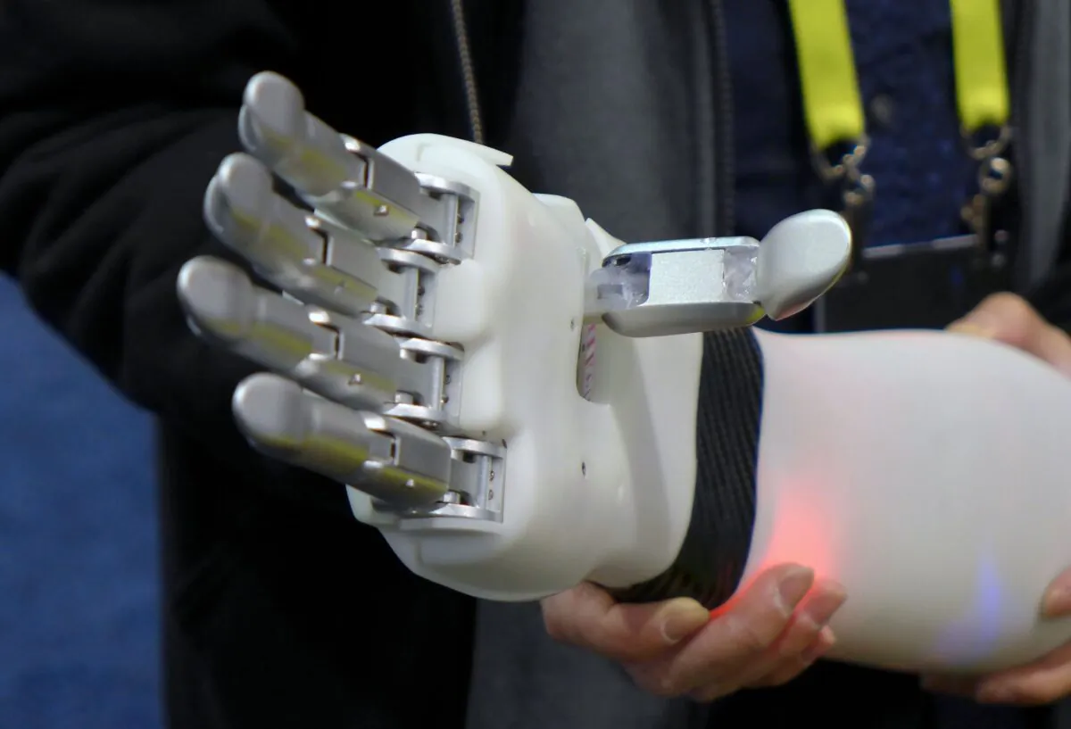 The "prosthetic hand" from BrainRobotics, controlled by signals sent from the residual muscles on an amputee's limb, a process that involves some machine learning technology, is displayed at the 2017 Consumer Electronic Show (CES) in Las Vegas, Nev., on Jan. 7, 2017. SOPHIE ESTIENNE/AFP/Getty Images
