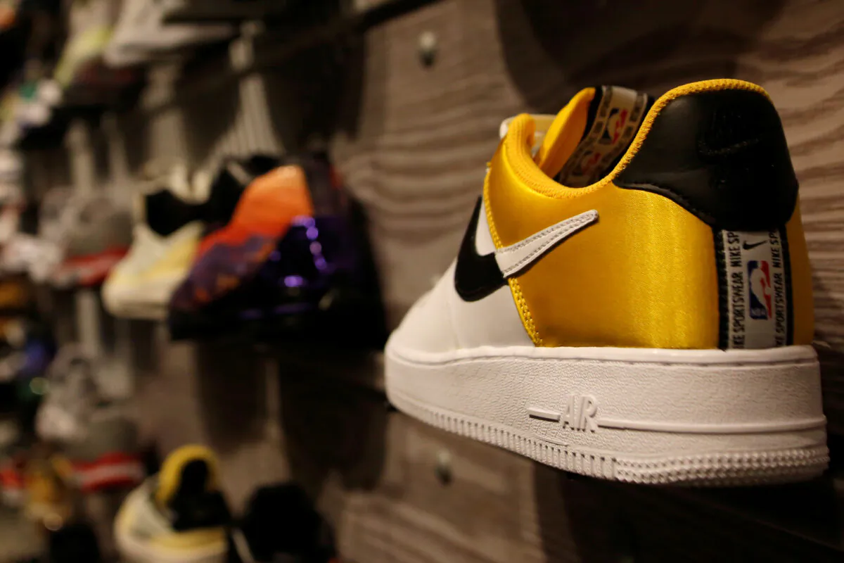A pair of Nike's Air Force shoes with an NBA logo on display at a Nike store in Beijing. (Tingshu Wang/Reuters)