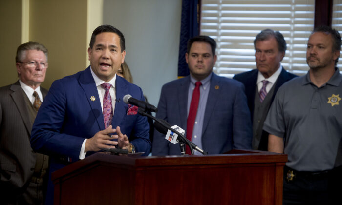 File photo of Utah Attorney General Sean Reyes talking about charges at a news conference  in Salt Lake City, Utah, on Wednesday, Oct. 9, 2019. (Jeremy Harmon/The Salt Lake Tribune via AP)