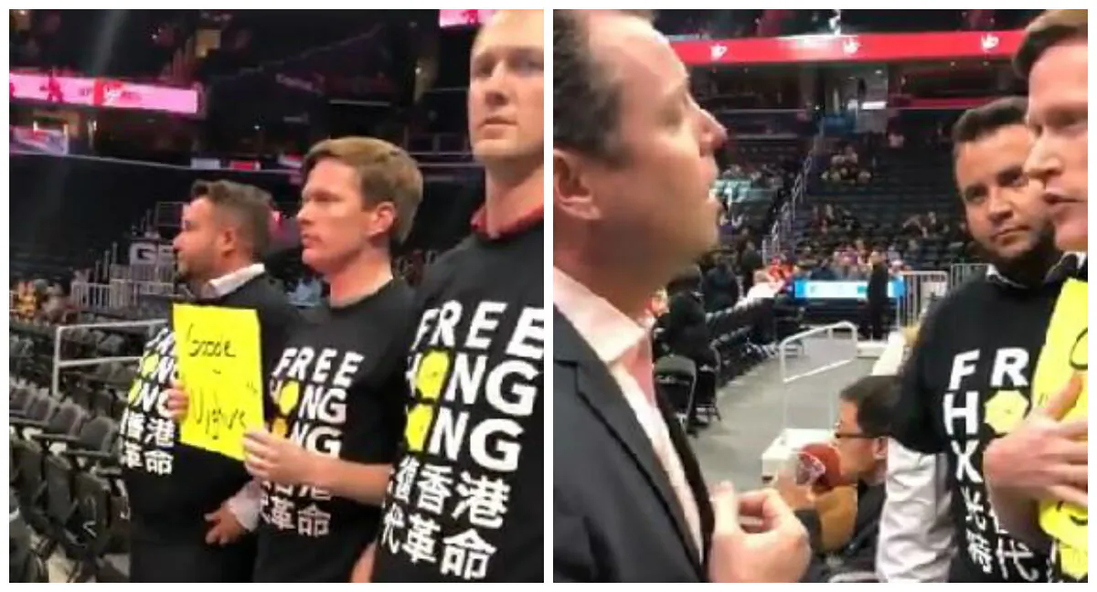 NBA security at Capitol One Arena in Washington confiscated "Free Hong Kong" and "Google Uyghurs" signs on Oct. 9, 201. (@JonSchweppe)