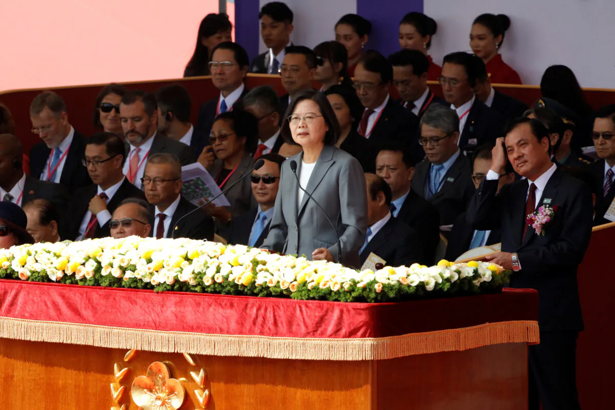 Taiwan's President Tsai Ing-wen speaks during the National Day celebrations in front of the Presidential Palace in Taipei, Taiwan on Oct. 10, 2019. (Eason Lam/Reuters)