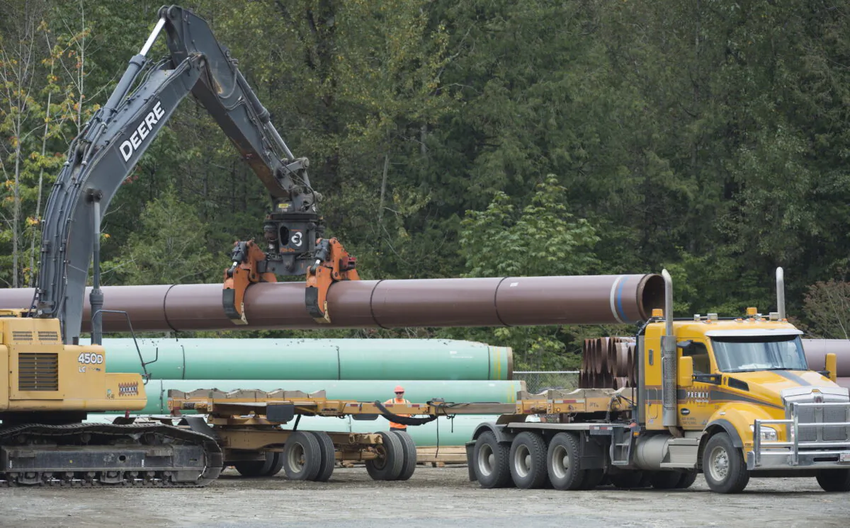 Pipeline pipes are seen at a Trans Mountain facility near Hope, B.C., on Aug. 22, 2019. (Jonathan Hayward/The Canadian Press)