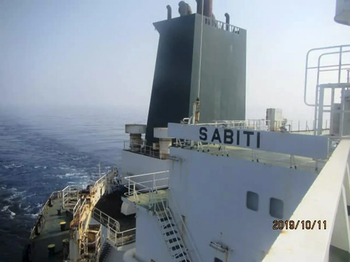 This photo released by the official news agency of the Iranian Oil Ministry, SHANA, shows Iranian oil tanker Sabiti traveling through the Red Sea on Oct. 11, 2019. (SHANA via AP)
