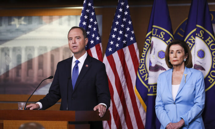 Speaker of the House Nancy Pelosi (D-Calif.), left, and Rep. Adam Schiff (D-Calif.), House intelligence chairman, hold a press conference about the impeachment inquiry of President Trump, at the Capitol in Washington on Oct. 2, 2019. (Charlotte Cuthbertson/The Epoch Times)