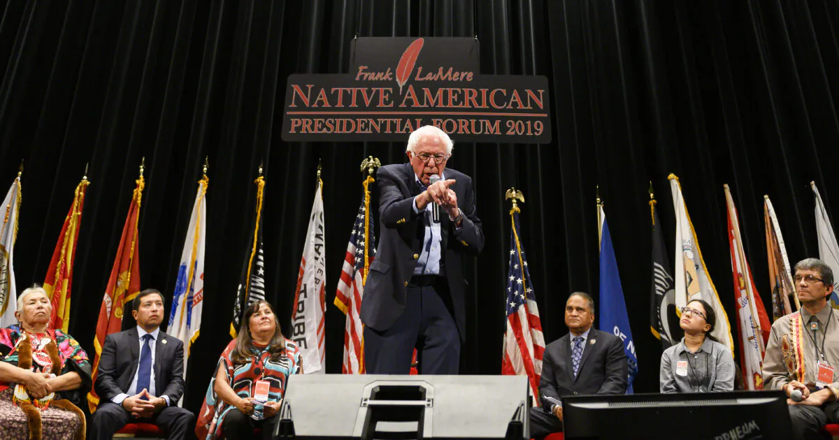 Democratic presidential candidate Sen. Bernie Sanders (I-VT) speaks at the Frank LaMere Native American Presidential Forum on Aug. 20, 2019 in Sioux City, Iowa. (Stephen Maturen/Getty Images)