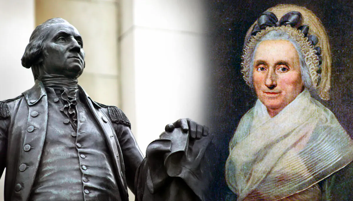 (L) Statue of George Washington (Tony Baggett/Shutterstock); (R) Portrait of Mary Ball (Public domain)