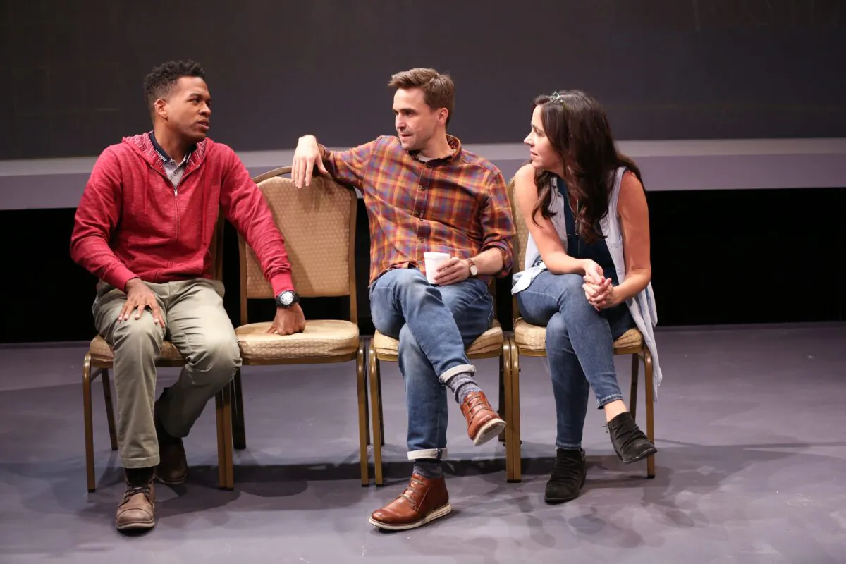 The cast of “The White Chip”: Steven (Joe Tapper) surrounded by (L–R) Genesis Oliver and Finnerty Steeves, who both play multiple roles. The story revolves around an alcoholic drying out. (Carol Rosegg)
