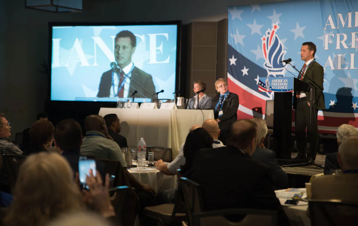 Steven Woolfe, former British member of the European Parliament from the UKIP Party, speaks at an AFA event in Los Angeles on Oct. 5, 2019. (Ian Henderson/The Epoch Times)
