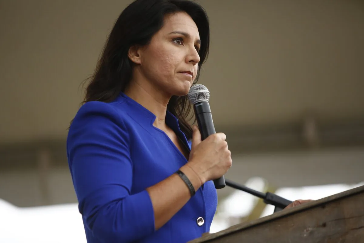 Rep. Tulsi Gabbard (D-Hawaii) addresses the crowd at the Blue Jamboree in North Charleston, S.C., on Oct. 5, 2019. (Brian Blanco/Getty Images)