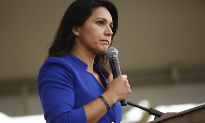 Rep. Tulsi Gabbard (D-Hawaii) addresses the crowd at the Blue Jamboree in North Charleston, S.C., on Oct. 5, 2019. (Brian Blanco/Getty Images)
