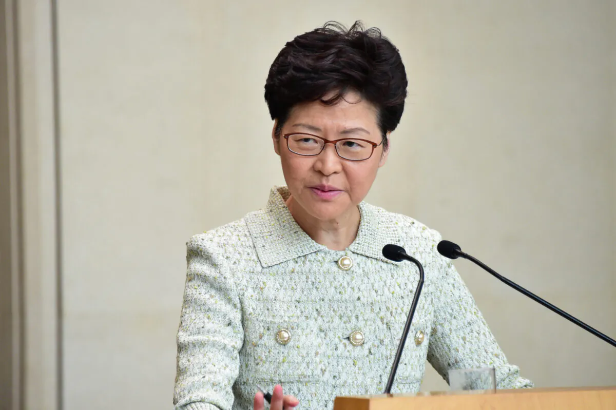 Hong Kong leader Carrie Lam takes part in her weekly press conference in Hong Kong on Oct. 15, 2019. (Bill Cox/The Epoch Times)