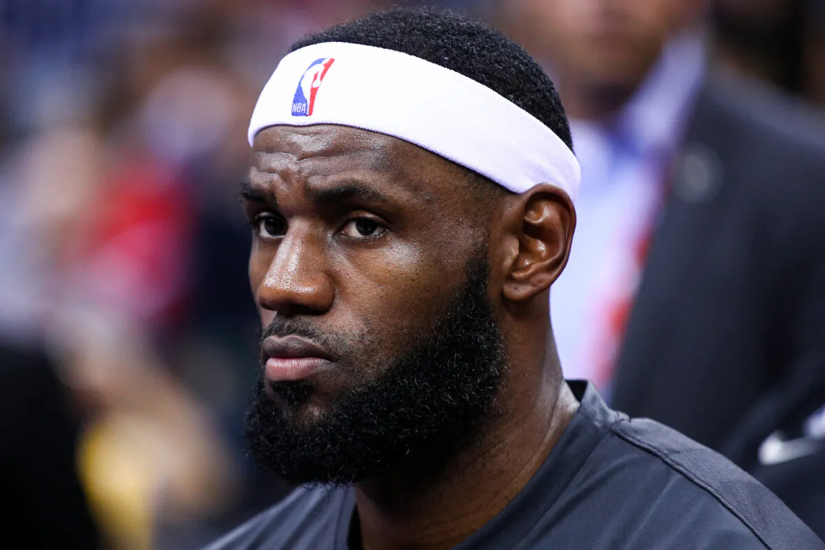 LeBron James, No. 23 of the Los Angeles Lakers, looks on before the match against the Brooklyn Nets during a preseason game as part of 2019 NBA Global Games China at Shenzhen Universiade Center in Shenzhen, Guangdong, China, on Oct. 12, 2019. (Zhong Zhi/Getty Images)