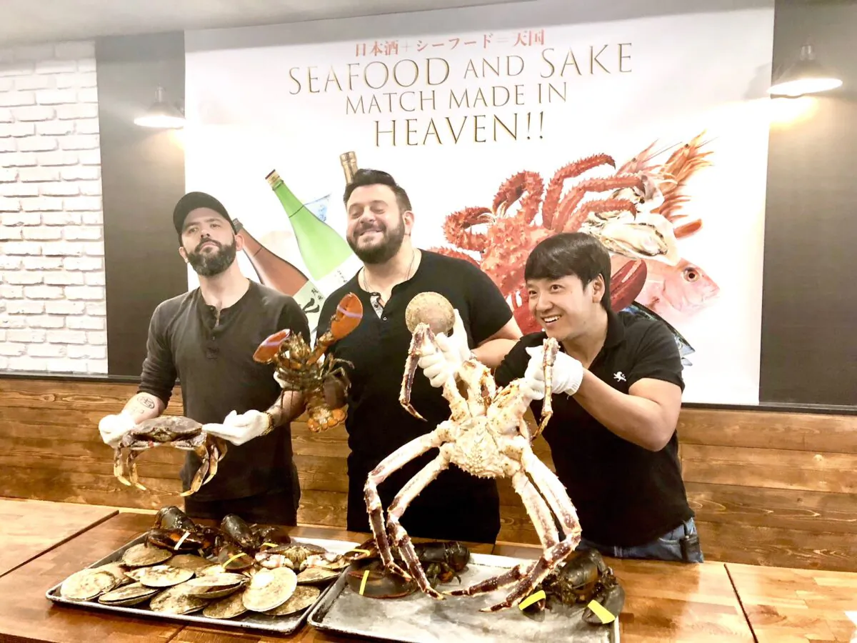 (From L to R) Andrew Rea, Adam Richman, and Mike Chen at the "Seafood and Sake, Match Made in Heaven" event in New York City.