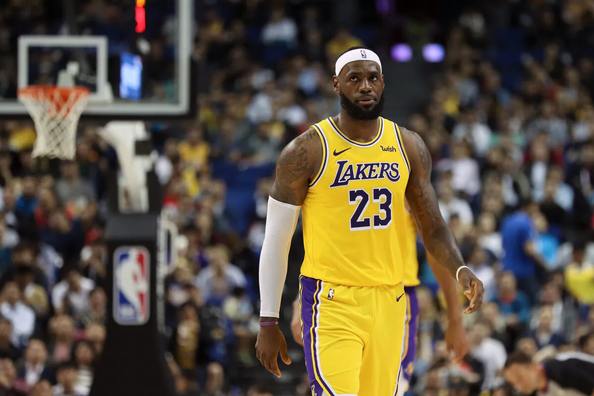 LeBron James #23 of the Los Angeles Lakers reacts during a preseason game against the Brooklyn Nets as part of 2019 NBA Global Games China at Mercedes-Benz Arena on October 10, 2019 in Shanghai, China. Lintao Zhang/Getty Images